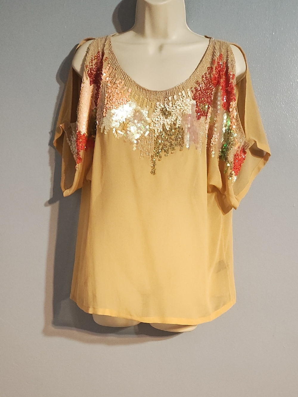 Mustard Sequin Cold-Shoulder Top